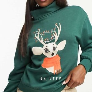 Oh Deer Holiday Christmas Sweater Green Turtleneck Sweatshirt